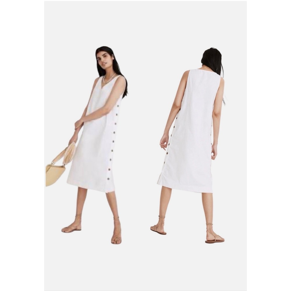 Madewell Women's White Linen Blend Side Button Midi Dress Sleeveless‎ V-Neck XS